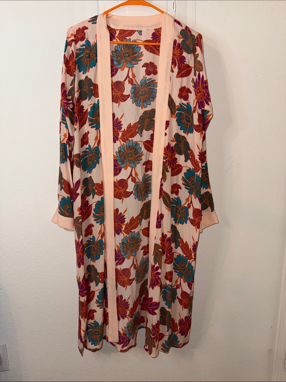 Floral Duster Cardigan in Peach with Teal and Rust Flowers